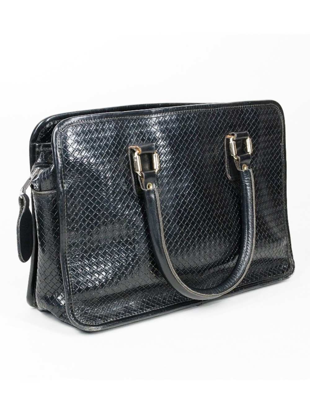 Basketweave Embossed Genuine Leather Handbag Vintage 60s 70s Black Etra Retro